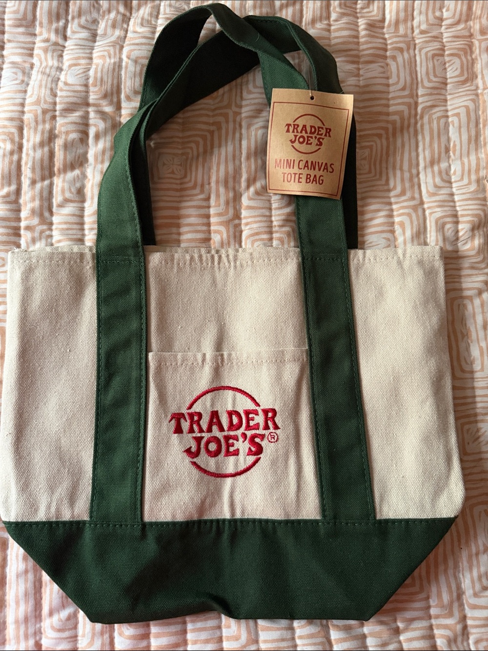 Trader Joe's Mini Canvas Tote Bag in Natural and Forest Green